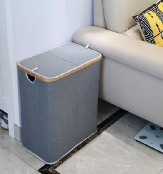 Cesto rectangular de tela y bambú con tapa