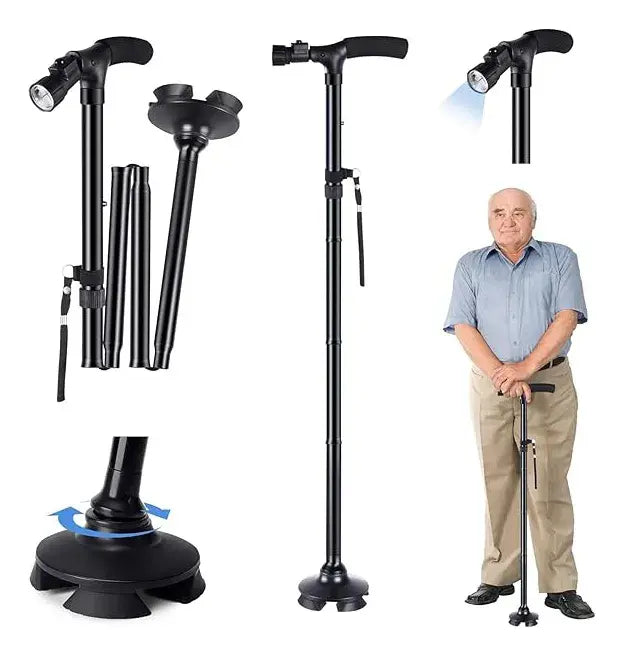 Bastón de 4 apoyos, Plegable y con Luz LED