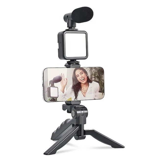 Trípode y soporte extensible, con luz LED y micrófono