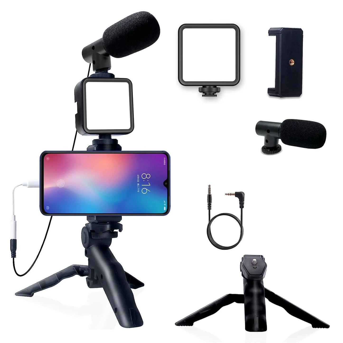 Trípode y soporte extensible, con luz LED y micrófono